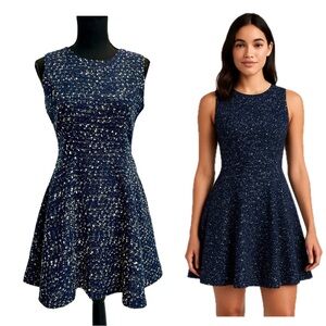 Loft blue speckled textured tweed sleeveless skater circle fit flare mini dress